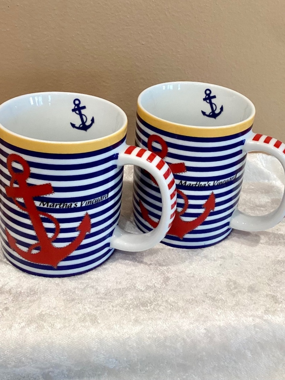Set of 2 Cape Shore Nautical Striped Martha’s Vineyard Coffee/Tea Mugs 14oz